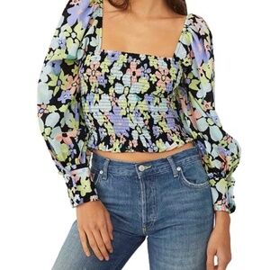 Free People floral smocked long sleeve top